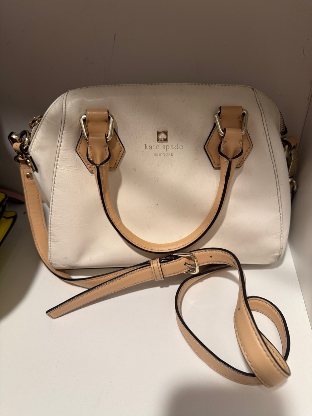 kate spade White and Tan Dome Satchel with Crossbody Strap